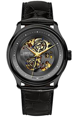 Lobinni Herren Skelett Kleid Mechanische Automatik Analog Luxus Business Armbanduhr, Schwarz-Schwarz-G, Mechanisch von LOBINNI