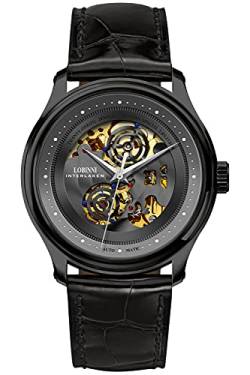 Lobinni Herren Skelett Kleid Mechanische Automatik Analog Luxus Business Armbanduhr, Schwarz-Schwarz-S, Mechanisch von LOBINNI