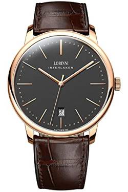 Lobinni Herren Top Marke Ultra Dünn Automatik Mechanische Edelstahl Kalender Mode Business Freizeit Armbanduhr, Rosé-Schwarz-L, Mechanisch von LOBINNI