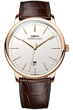 Lobinni Herren Top Marke Ultra Dünn Automatik Mechanische Edelstahl Kalender Mode Business Freizeit Armbanduhr, Rosé-Weiß-L, Mechanisch von LOBINNI