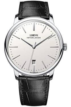 Lobinni Herren Top Marke Ultra Dünn Automatik Mechanische Edelstahl Kalender Mode Business Freizeit Armbanduhr, Silber-Weiß-L, Mechanisch von LOBINNI