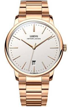 Lobinni Herren Top Marke Ultra Dünn Automatik Mechanische Edelstahl Kalender Mode Business Freizeit Armbanduhr, roséweiß, Mechanisch von LOBINNI