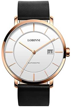 Lobinni Herren Ultra Dünn Kleid Mechanische Automatik Kalender Luxus Analog Frauen Armbanduhr Business Paar Uhren, Rosé-Weiß-M, Mechanisch von LOBINNI