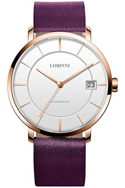 Lobinni Herren Ultra Dünn Kleid Mechanische Automatik Kalender Luxus Analog Frauen Armbanduhr Business Paar Uhren, Rosé-Weiß-W, Mechanisch von LOBINNI