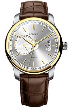 Lobinni Minimalistische wasserdichte Herren-Armbanduhr mit Lederband, Gold-Weiß-Braun von LOBINNI