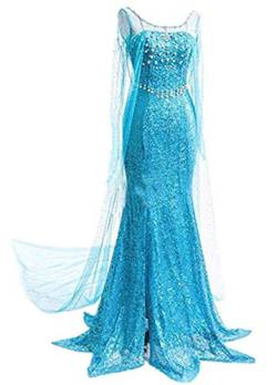 LOBTY Damen Elegante Prinzessin Kleid Bodenlang Rundausschnitt Pailletten-Kleid Frauen Langes Abendkleid Weihnachten Halloween Festlich Kleid Fasching Karneval Verkleidung Cosplay Kleider S-XXL, Blau von LOBTY