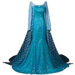 LOBTY Damen Prinzessin Kleid Langarm Bodenlang Kleider Frauen Langes Abendkleid Weihnachten Halloween Party Kleid Fasching Karneval Verkleidung Erwachsene Cosplay Kostüm mit Perücke S-XXL, Blau von LOBTY