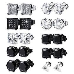 10 Paar Diamant Ohrringe für Männer Herren Ohrringe Ohrstecker Silber Schwarz Cubic Zirkonia Jungen Ohrringe Quadratische Herren Ohrringe Ohrstecker für Männer Frauen Mädchen 8MM von LOCCY