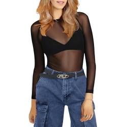 Damen Netz Oberteil Transparentes Shirt Sexy Damen Schwarz Langen Ärmeln Durchsichtiges Langarmshirt Durchsichtige T-Shirt Sheer Mesh (DE/NL/SE/PL, Alphanumerisch, M, Regular, Regular, Schwarz) von LOCCY