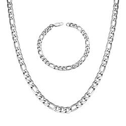 LOCCY Herren Damen Figaro Kette Armband, 3/4/5/6/7/8mm breit Figarokette Halskette Armband Edelstahl Silberkette Figaro Chain Hip-Hop Kette für Mann Fraun in 46-66cm Länge (Silber - 6mm Breit, 46) von LOCCY