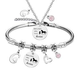 LOCCY Mädchen und Pferd Halskette Silber Herz Anhänger Halskette Geschenke Pferd Halskette Pferd Armband Set, Pferd Geschenke für Mädchen Frauen Freundin Tochter Pferdeliebhaber (C) von LOCCY