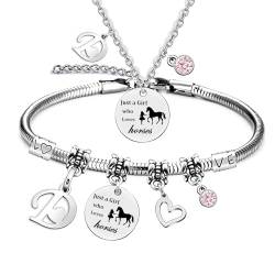 LOCCY Mädchen und Pferd Halskette Silber Herz Anhänger Halskette Geschenke Pferd Halskette Pferd Armband Set, Pferd Geschenke für Mädchen Frauen Freundin Tochter Pferdeliebhaber (D) von LOCCY