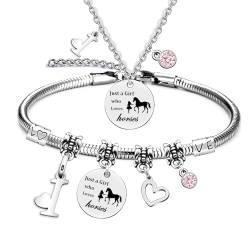 LOCCY Mädchen und Pferd Halskette Silber Herz Anhänger Halskette Geschenke Pferd Halskette Pferd Armband Set, Pferd Geschenke für Mädchen Frauen Freundin Tochter Pferdeliebhaber (I) von LOCCY