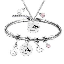 LOCCY Mädchen und Pferd Halskette Silber Herz Anhänger Halskette Geschenke Pferd Halskette Pferd Armband Set, Pferd Geschenke für Mädchen Frauen Freundin Tochter Pferdeliebhaber (S) von LOCCY