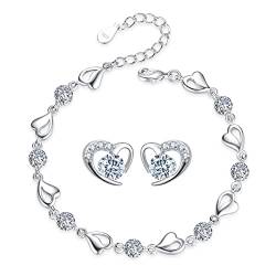Silber weißes Kristall Herz Form Armband + Ohrringe Schmuck Set, verstellbare Herz Armband, Silber Herz Armband Geschenk, Liebe geformte Ohrringe (1pcs Armband + 1pcs Ohrringe) von LOCCY