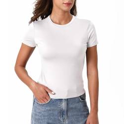 T-Shirt Damen Skims Damen Basic Skims Dupe Crop Top Kurzarm Y2K Solid Silm Fit T-Shirt Y2k Clothes für Frauen Ausgehen Streetwear (DE/NL/SE/PL, Alphanumerisch, XS, Regular, Regular, Weiß) von LOCCY