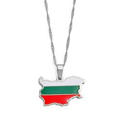 Die Volksrepublik Bulgarien Karte Flagge Anhänger Halsketten Bulgarische Halsketten Frauen Männer Schmuck / Strukturierte 3D-Modekarte Mode-Halskette Geschenk, Silberfarbe, 45 Cm Oder 17,7 Zoll von LODMLOER