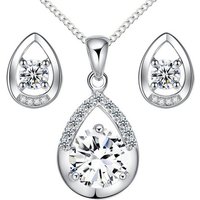 LÖB Ohrring und Ketten Set Damen Silber Halskette Ohrringe Set Zirkonia Tropfenanhänger Oval (Geschenke für Frauen Freundin zum Geburtstag Ostern, Inkl. Schmuckbox), Kette Ohrstecker Strass Glitzer Tropfen Anhänger Brautschmuck Braut von LÖB