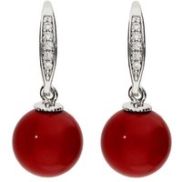 LÖB Paar Ohrhänger Ohrringe Hängend Perlen Zirkonia Silber Rot Kurz, Damen Perlenohrringe mit roten Tropfen Perle Anhänger Glitzer Steinen Rund Klein Tropfenform Ohrhänger Brautschmuck Braut von LÖB