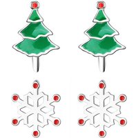 LÖB Paar Ohrstecker Ohrstecker 925 Silber Weihnachtsbaum Schneeflocke, Damen Ohrringe Set Christbaumkugel Snowflake Tannenbaum Klein Weiß Grün Rot Geschenke zu Weihnachten Weihnachtsohrringe von LÖB