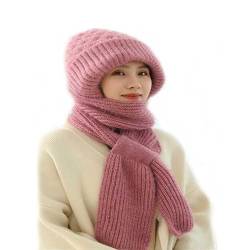 LOEBKE Integrierter Gehörschutz Winddichte Mütze Schal,Kapuzenschal für Frauen Winter,2 in 1 Maskenschal Strickmütze (Pink) von LOEBKE