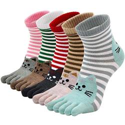 LOFIR Bunte Lustige Zehensocken Damen 5 Finger Socken aus Baumwolle Mädchen Tiere Muster Strümpfe Frauen Katzen Socken mit Zehen - Größe 35-41 - 5 Paare von LOFIR