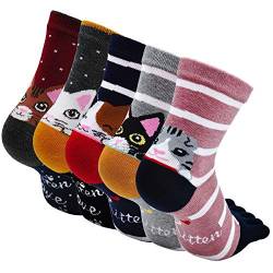 LOFIR Bunte Lustige Zehensocken Damen 5 Finger Socken aus Baumwolle Mädchen Tiere Muster Strümpfe Frauen Katzen Socken mit Zehen - Größe 35-41 - 5 Paare von LOFIR