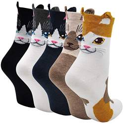 LOFIR Lustige Bunte Socken Damen Tier Muster Socken aus Baumwolle Mädchen Karikatur Katze Strümpfe Geschenk für Frauen, Größe 35-41, 5 Paare von LOFIR