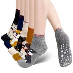 LOFIR Rutschfeste Socken Damen: Lustige Bunte ABS Stoppersocken Damen Antirutschsocken aus Baumwolle Tier Muster Niedlich Katze Socken Neuheit Socken Geschenk für Mädchen Damen, Größe 35-41, 5 Paare von LOFIR