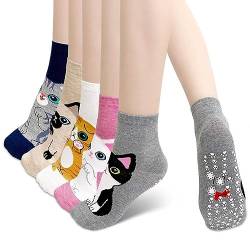 LOFIR Stoppersocken Lustige Socken Damen: Neuheit Rutschfeste ABS Socken Damen Antirutschsocken aus Baumwolle Tier Muster Katze Niedlich Witzige Socken für Mädchen Damen 5 Paare Größe 35-41 von LOFIR