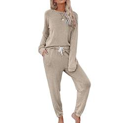 Schlafanzug Damen Lang Pyjamaset Set Winter Pyjama Set Mit Bündchen Hausanzug Zweiteiliger-Nachtwäsche Sleepwear Loungewear Langarm Oberteil Und Schlafanzughose Freizeitanzug,Beige,XXL von LOGEA