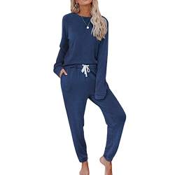 Schlafanzug Damen Lang Pyjamaset Set Winter Pyjama Set Mit Bündchen Hausanzug Zweiteiliger-Nachtwäsche Sleepwear Loungewear Langarm Oberteil Und Schlafanzughose Freizeitanzug,Blau,M von LOGEA