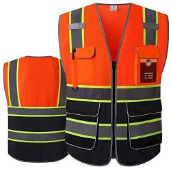 LOHASPRO Sicherheitsweste Hohe Sichtbarkeit - Mesh Reflektierende Weste mit Taschen für Herren & Damen - ANSI/ISEA Standards (L, Orange-03) von LOHASPRO