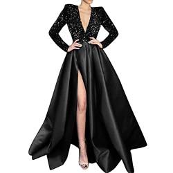 2022 New Feminine One Shoulder Langarm Perlen V-Ausschnitt Große Swing Pailletten Split Langes Kleid Abendkleid Sexy Brautkleid (Black, XL) von LOIJMK