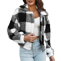 LOIJMK Fleecejacke Damen Kurz Lässige Karierte Hemdjacke Winter Jacke Mantel Parka Cardigan Plüschjacke Plüschmantel Wintermantel Winterjacke Fleece Jacken Damenjacken Teddyjacke für Frauen von LOIJMK