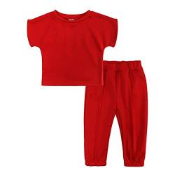 LOIJMK Kleinkind Kinder Baby Mädchen 2 Stück Trainingsanzug Sommer Outfits Solide Kurzarm T Shirt Sweatshirt Tops Lange Hosen Set T Shirt (Red, 2-3 Years) von LOIJMK