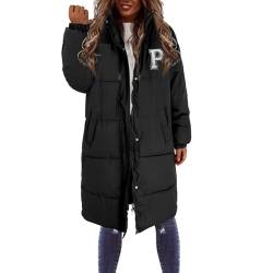 LOIJMK Lange Pufferjacke für Damen, langärmelig, Daunenmäntel mit durchgehendem Reißverschluss, verdickte warme Windjacken Skijacke Damen 46 (Black, XXL) von LOIJMK