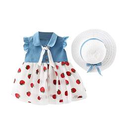 LOIJMK Prinzessin Patchwork Hut Baby Mädchen Denim Tüll Säuglingskleid Erdbeere 6M-3Y Ärmel Fly Set Mädchenkleider Kleid (White, 18-24 Months) von LOIJMK