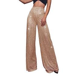 Wide Leg Hose Damen Pailletten Glitzer Funky High Waist Hose Damen Hippie Hose Glänzend Breite Hosen Sequin Slim Palazzohose Locker Freizeithose Temperament Weites Bein Pants Gerade Hosen von LOIJMK