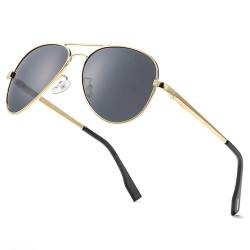 LOJUDI Pilotenbrille Polarisiert Sonnenbrille für Herren Damen Fliegerbrille Piloten Retro mit UV400 Schutz (Gold/Grau Linse) von LOJUDI