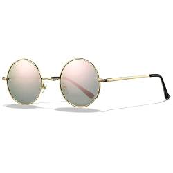 LOJUDI Polarisiert Sonnenbrille Rund Herren und Damen Retro Klein Runde GläSer Vintage Brille mit Metallrahmen UV400 Schutz (Gold/Rosa Versiegelt Gläser) von LOJUDI