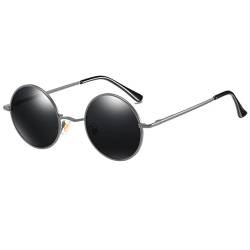 LOJUDI Polarisiert Sonnenbrille Rund Herren und Damen Retro Klein Runde GläSer Vintage Brille mit Metallrahmen UV400 Schutz -Gunmetall/Grau Gläser von LOJUDI