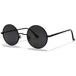 LOJUDI Polarisiert Sonnenbrille Rund Herren und Damen Retro Klein Runde Gläser Vintage Brille mit Metallrahmen UV400 Schutz (Schwarz/Grau Gläser) von LOJUDI