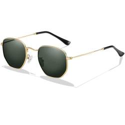 LOJUDI Polygon Sonnenbrille Damen Herren Polarisiert - Metallrahmen Eckig Retro Sonnenbrille-Gold/Grün von LOJUDI