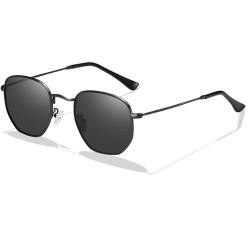 LOJUDI Polygon Sonnenbrille Damen Herren Polarisiert - Metallrahmen Eckig Retro Sonnenbrille-Schwarz/Schwarz von LOJUDI