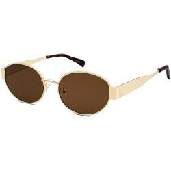 LOJUDI Retro Sonnenbrille Herren Damen Oval - Metallrahmen Rund Vintage Runde Sonnenbrille UV400 Schutz-Gold/Braun von LOJUDI