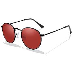 LOJUDI Retro Sonnenbrille Herren Rund Damen Polarisiert Runde GläSer UV400 Schutz Vintage Unisex Brille - Schwarz Rahmen/Rot Linse von LOJUDI