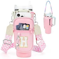 LOKASS Initial Tragetasche für Wasserflaschen, mit Handyfach und Gurt, für Stanley 1,2 l, Pink - H von LOKASS
