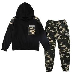 LOLANTA 2PCS Kinder Trainingsanzug Jungen Sweatshirt Set Block Hoodie Top & Camouflage Cargohosen Anzug, Schwarz, 6-7 Jahre, 130 von LOLANTA