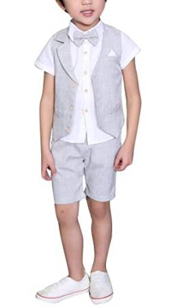 LOLANTA 4 STK. Kleinkind Junge Sommerhochzeit Baumwolle/Leinen Mischung Kids Weste Kurze Set-Seite Junge Anzüge, Weste Anzüge,Grau,140-146 (Tag 150) von LOLANTA